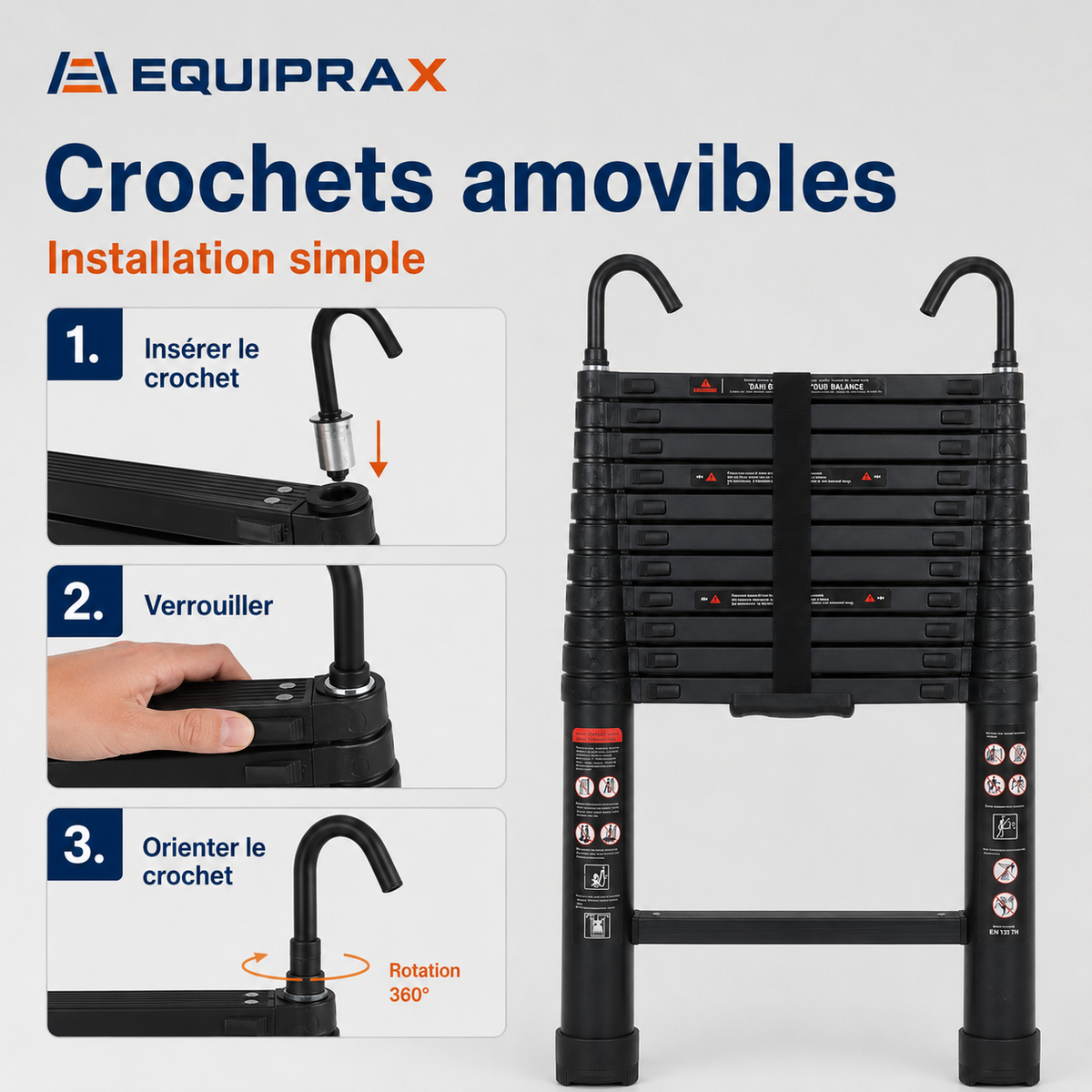 Échelle télescopique aluminium 5 m avec crochets amovibles
