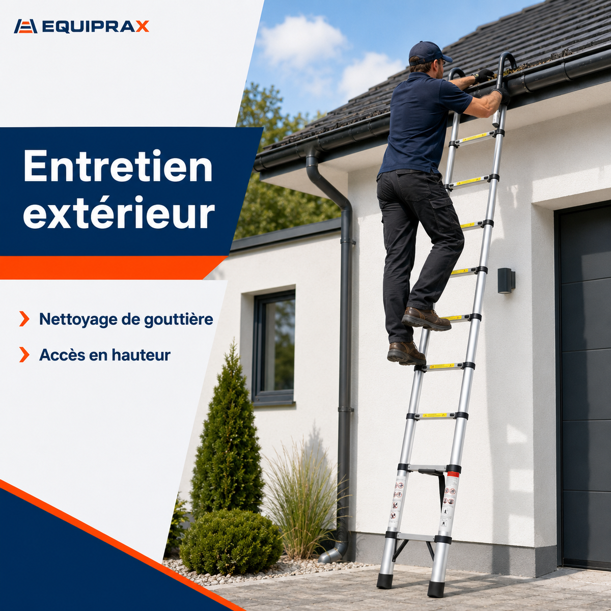 Échelle télescopique 5,1 m avec crochets et stabilisateur triangulaire