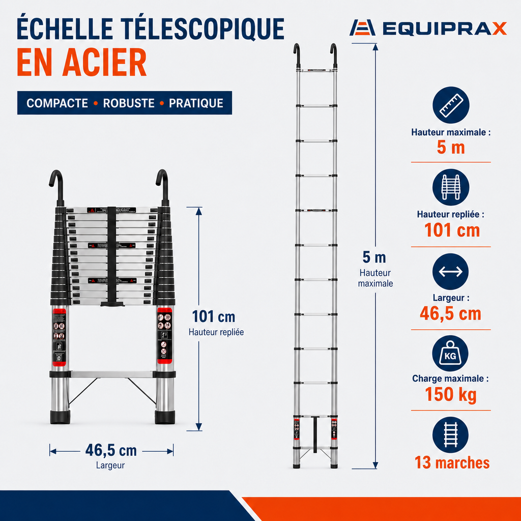 Échelle télescopique 5 m en acier avec crochets