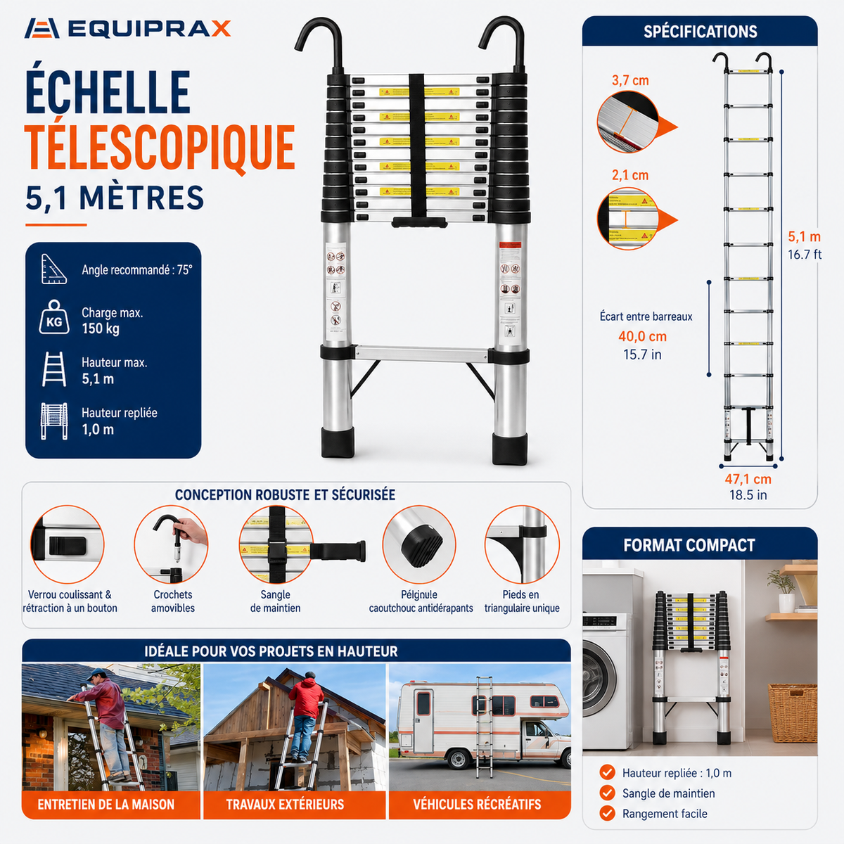 Échelle télescopique 5,1 m avec crochets et stabilisateur triangulaire