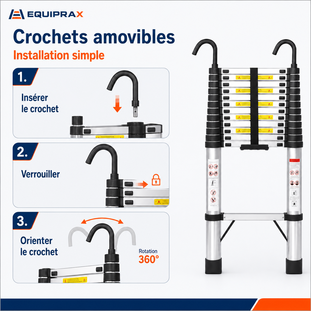 Échelle télescopique 5,1 m avec crochets et stabilisateur triangulaire