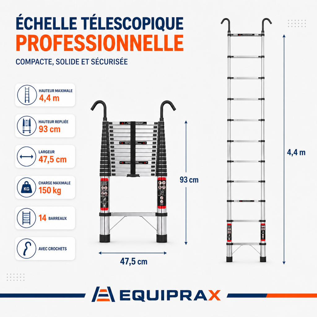 Échelle télescopique 4,4 m en acier inoxydable avec crochets