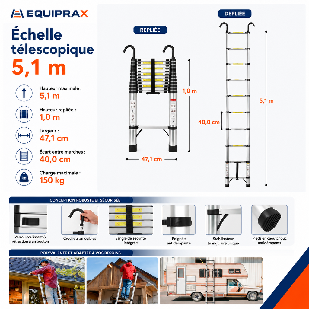 Échelle télescopique 5,1 m avec crochets et stabilisateur triangulaire