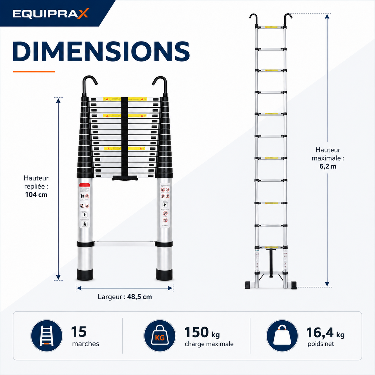 Échelle télescopique 6,2 m avec crochets rotatifs