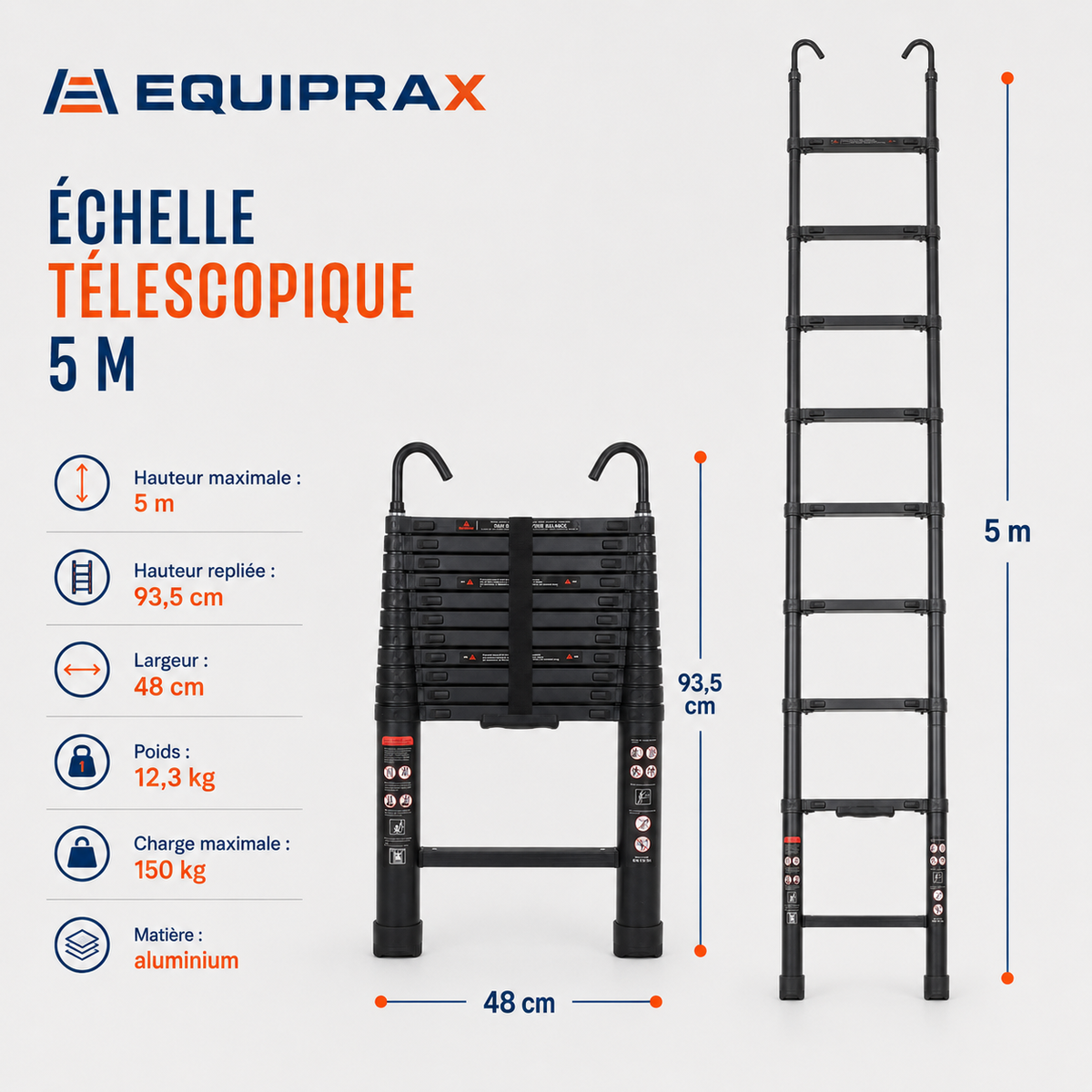 Échelle télescopique aluminium 5 m avec crochets amovibles